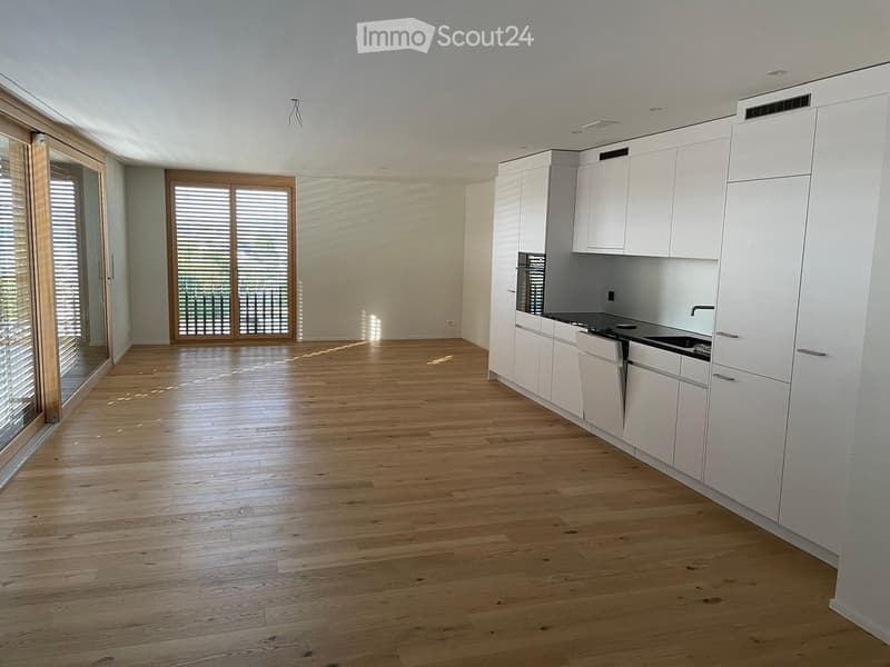 Open-plan space with light wooden flooring, white cabinetry, and large windows with blinds. The room is empty, showing only the structural elements and built-in cabinetry.