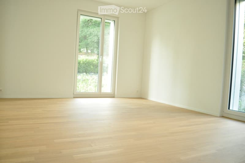 Empty room with light wooden flooring and large sliding glass doors leading to a garden area.