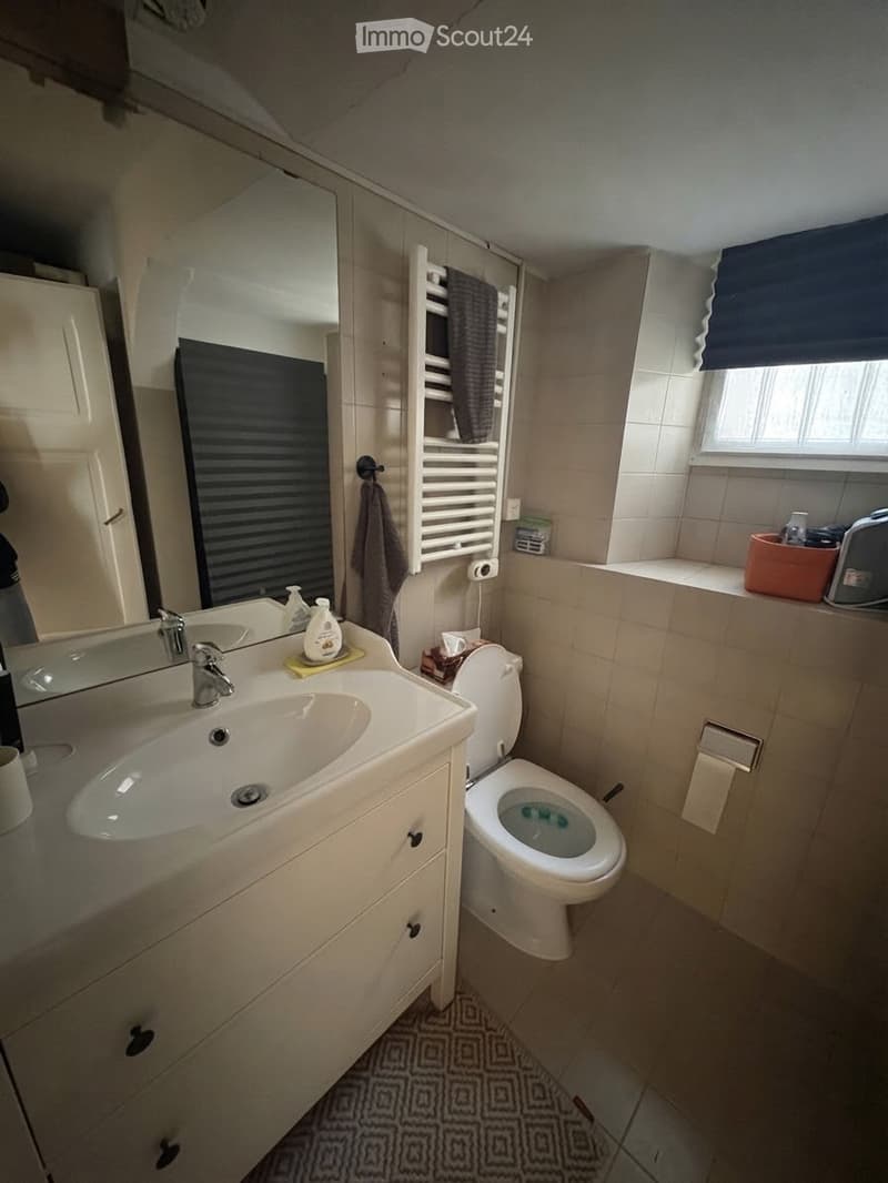 Bathroom with a white sink, toilet, mirror, and cabinet. A towel hangs on a rack, and a towel is draped over the rack. A cup and bottle are on the sink counter.