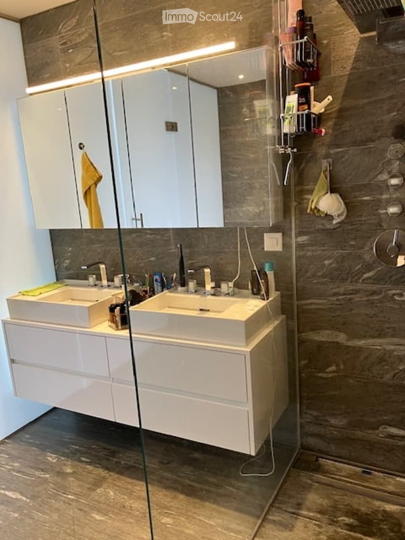 Modern bathroom with double sink vanity, large mirror, and glass-enclosed shower area.