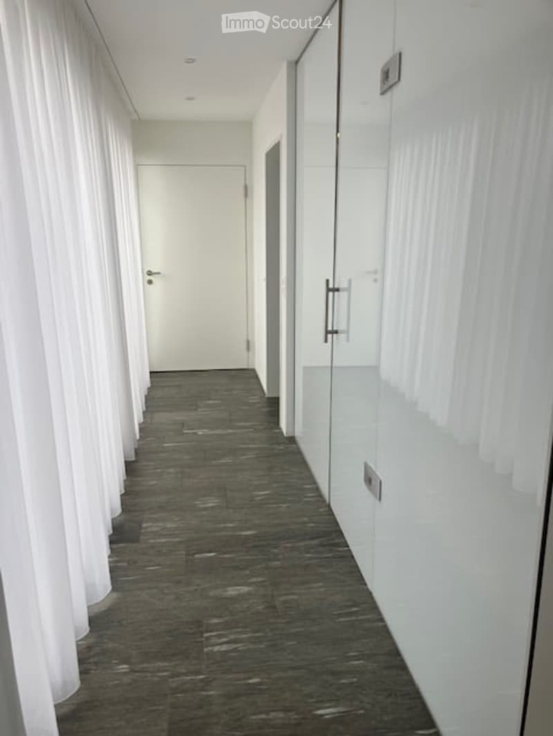 Modern hallway with dark tiled flooring, white walls, large white curtains, and a closed white door at the end.
