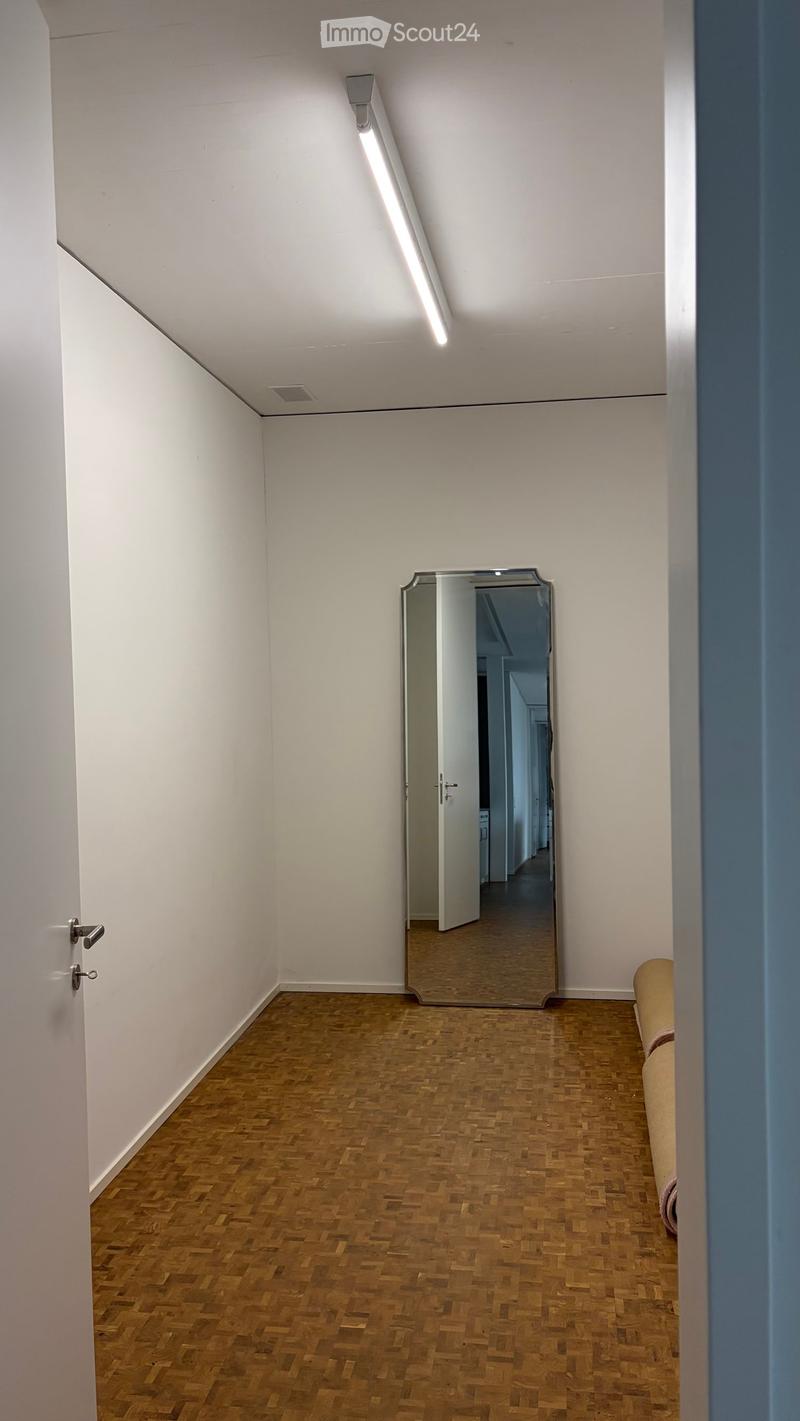 A narrow hallway with white walls, wooden flooring, and a large mirror reflecting the adjacent room.