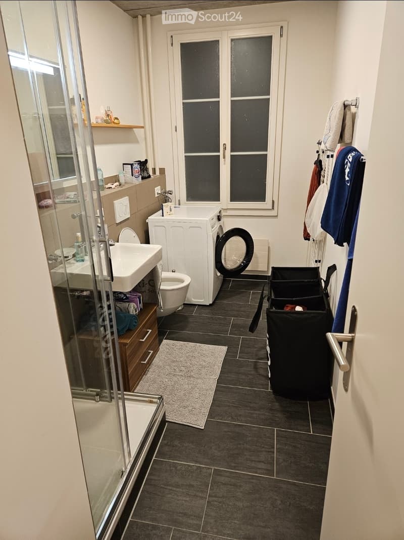 Modern bathroom with dark tiled floor, white sink, toilet, shower, washing machine, towel rack, and bathroom cabinet.