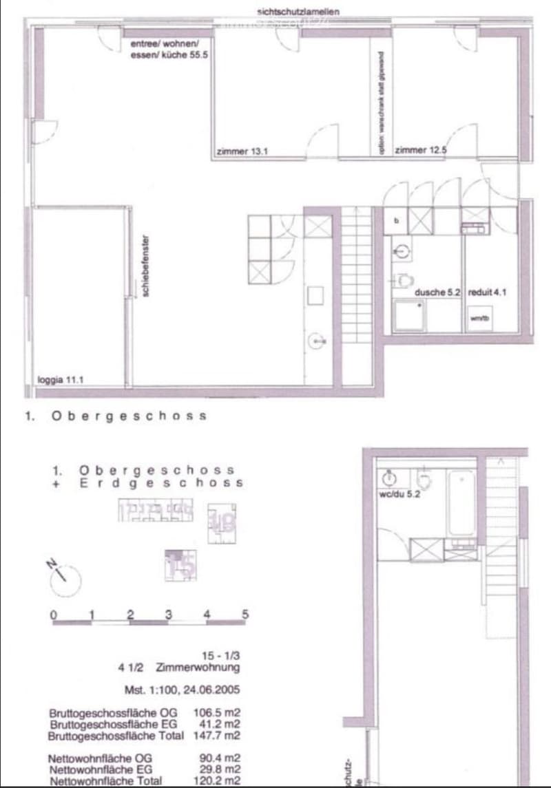 Floor plan of a 4.5-room apartment with two levels, showing living/dining/kitchen area, bedrooms, bathrooms, and a loggia.