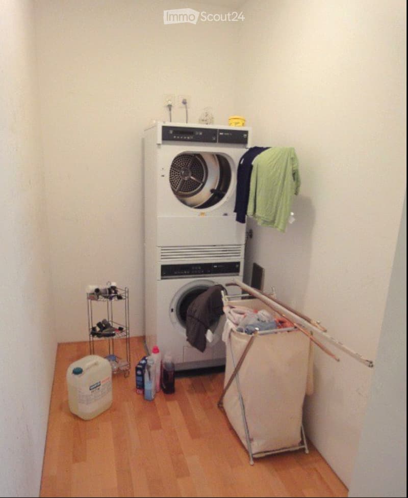 Laundry room with a washing machine, dryer, laundry basket, shelf, and various cleaning supplies.