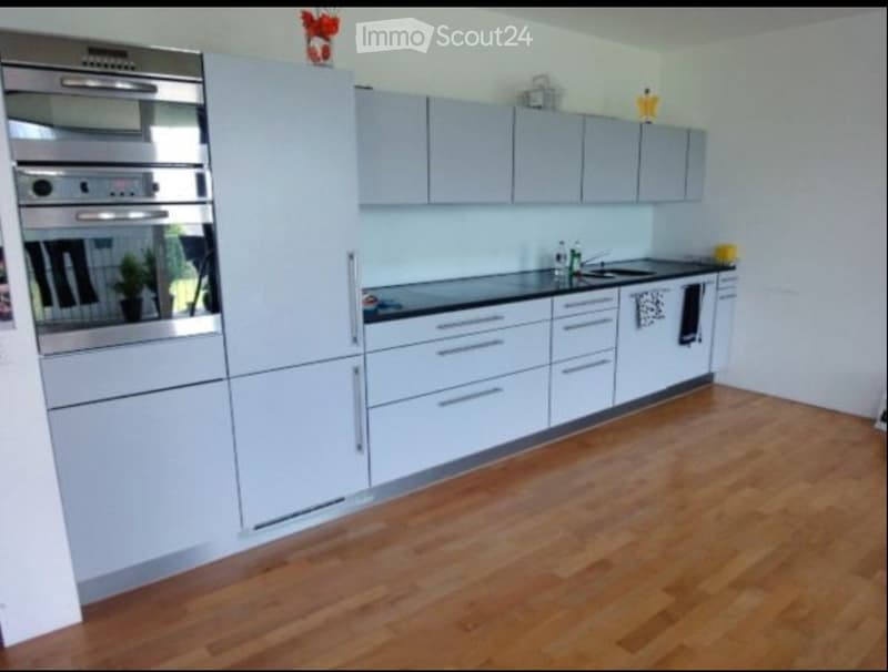 Modern kitchen with light grey cabinets, stainless steel oven, and wooden flooring.