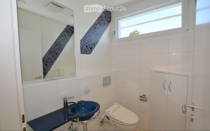Modern bathroom with white tiled walls, a dark blue sink, a chrome faucet, a large mirror with a decorative black pattern, and a white toilet.