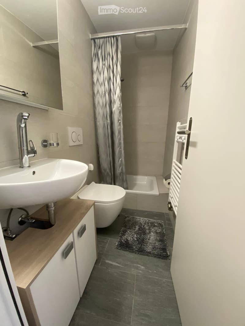 Modern bathroom with a white sink, chrome faucet, toilet, bathtub, shower curtain, towel rack, and a small rug on the floor.