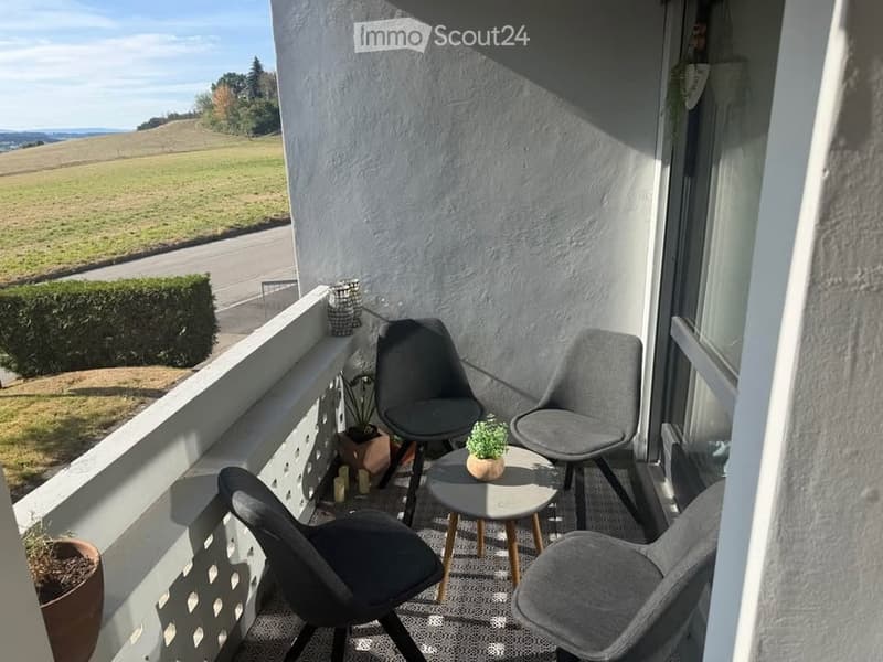 Balcony with grey chairs, small round table, potted plants, and a scenic view of a green field.