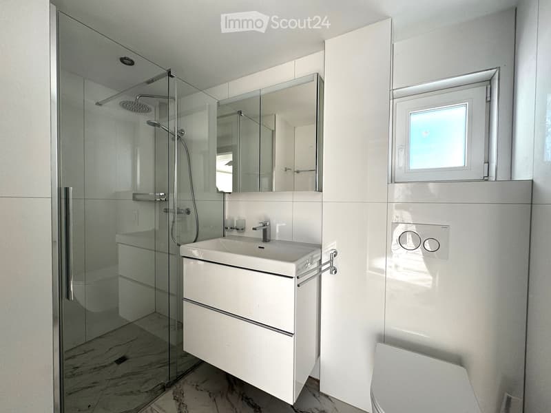Modern bathroom with a white sink, mirror, toilet, and glass-enclosed shower. Features a sleek design with marble flooring and a window for natural light.