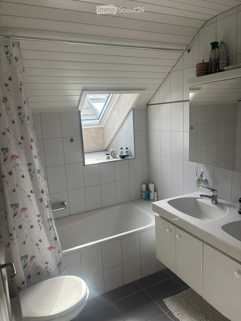 Bright bathroom with white tiles, a bathtub, a sink, a toilet, a mirror, and a skylight window above the bathtub. The room includes a shower curtain, a toothbrush holder, and various toiletries on the sink and bathtub ledge.