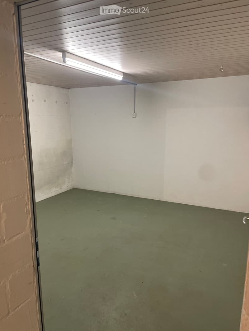 Empty room with green floor and white walls, featuring a fluorescent light fixture on the ceiling and a power outlet on the wall.