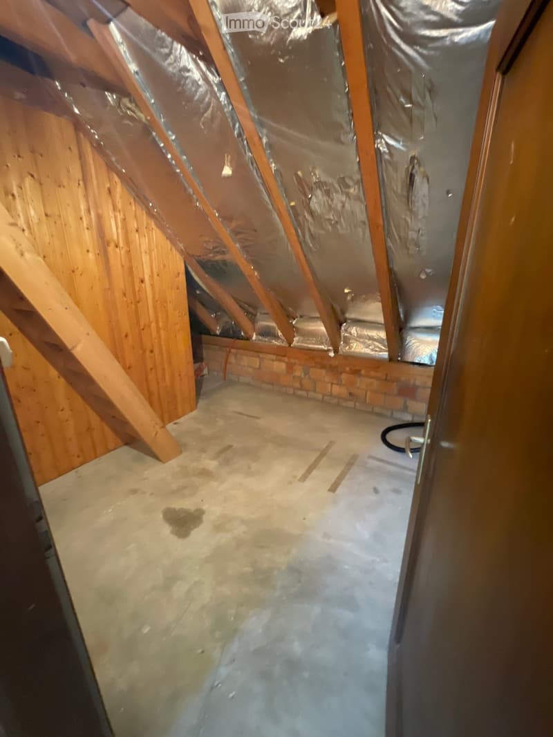 Empty attic space with exposed wooden beams, insulation, and a concrete floor. No furniture or equipment present.