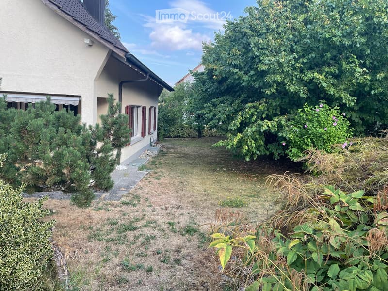 A small garden area with a house in the background, featuring various plants, shrubs, and a pathway leading to the house entrance.