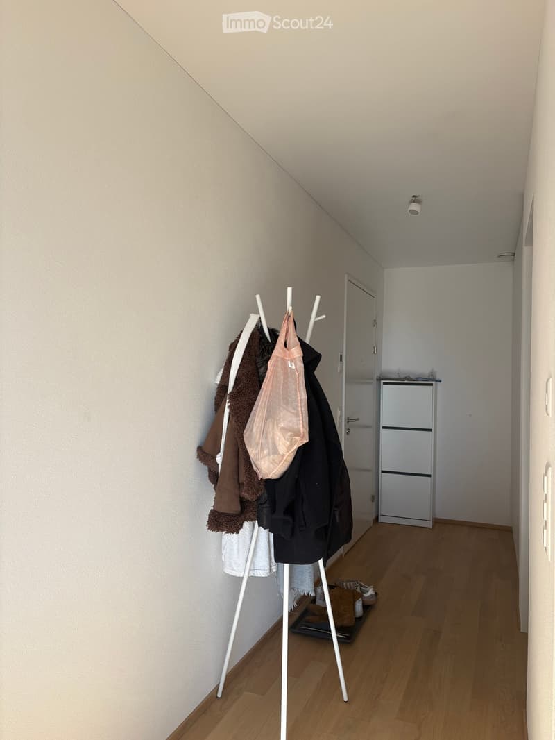 A narrow hallway with wooden flooring, white walls, and a coat rack holding several jackets and a pink garment. A small white cabinet is visible at the end of the hallway.