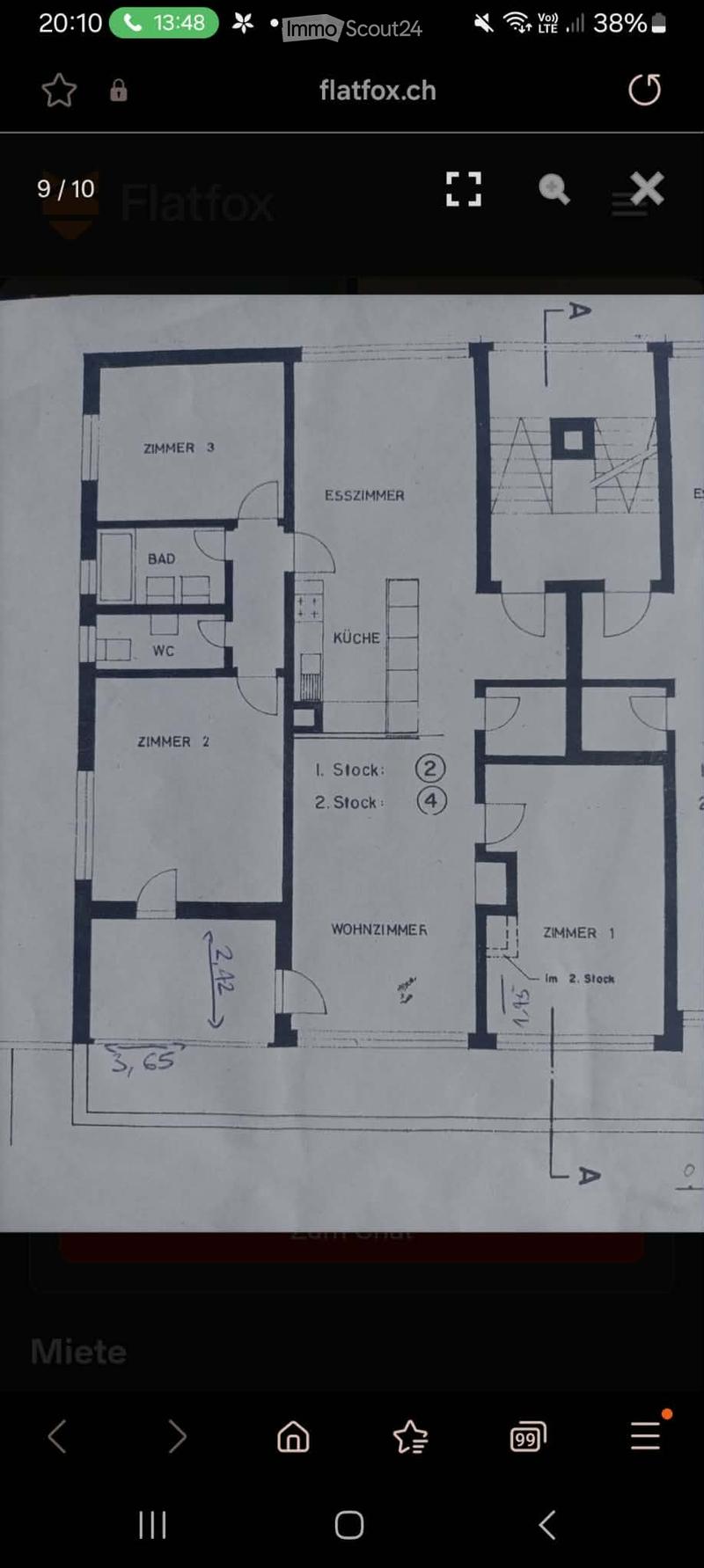 Floor plan showing a two-story layout with rooms labeled in German: Zimmer 1, Zimmer 2, Zimmer 3, Bad, WC, Küche, Esszimmer, Wohnzimmer. Includes dimensions and floor levels indicated.