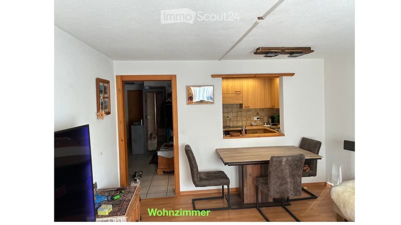 A modern, open-plan living and dining area with a wooden dining table and chairs, a television, and a small kitchen area with cabinets and a sink. The space features light-colored walls, wooden flooring, and a small dog visible in the background.