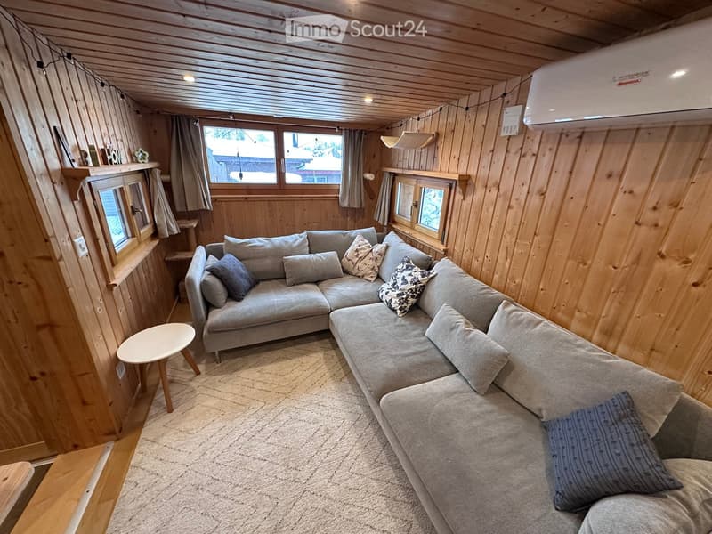 Cozy living space with wooden walls and ceiling, large sectional sofa, small round table, and built-in shelves with decorative items.