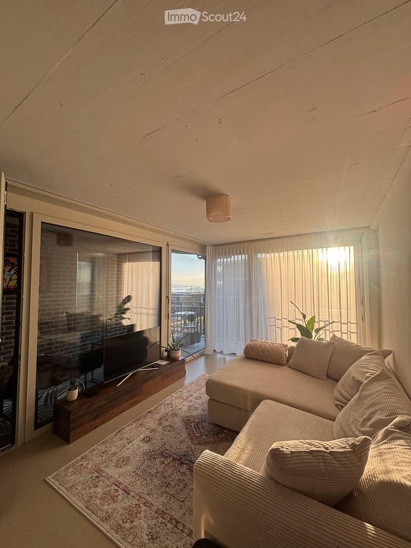 Modern living room with a sectional sofa, pillows, a television on a wooden stand, and a view of the city through large windows and a sliding glass door.