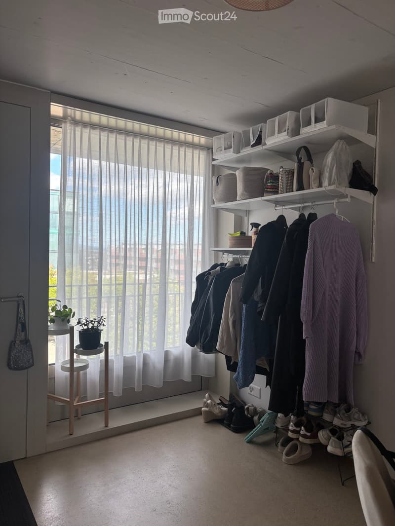 A well-organized closet with white shelves holding folded clothes, bags, and storage bins. A clothing rack with jackets and coats is visible, along with a shoe rack and potted plants on a small wooden stool near the window.