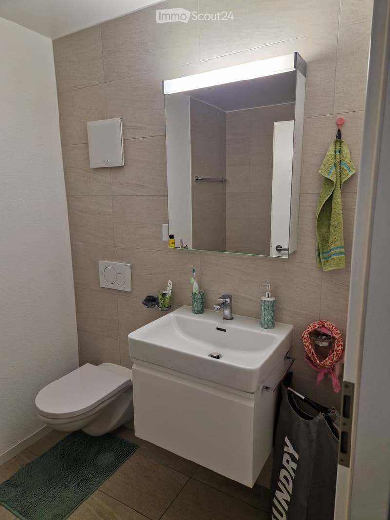 Modern bathroom with a white sink, chrome faucet, toilet, large mirror with built-in storage, and a towel hanging on the wall.