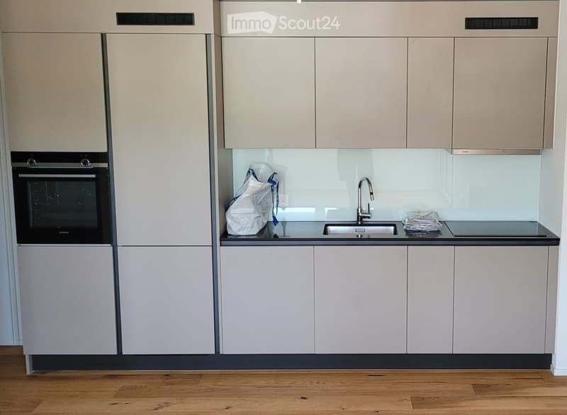 Modern kitchen with light-colored cabinets, a built-in oven, a sink with a modern faucet, and a sleek countertop.