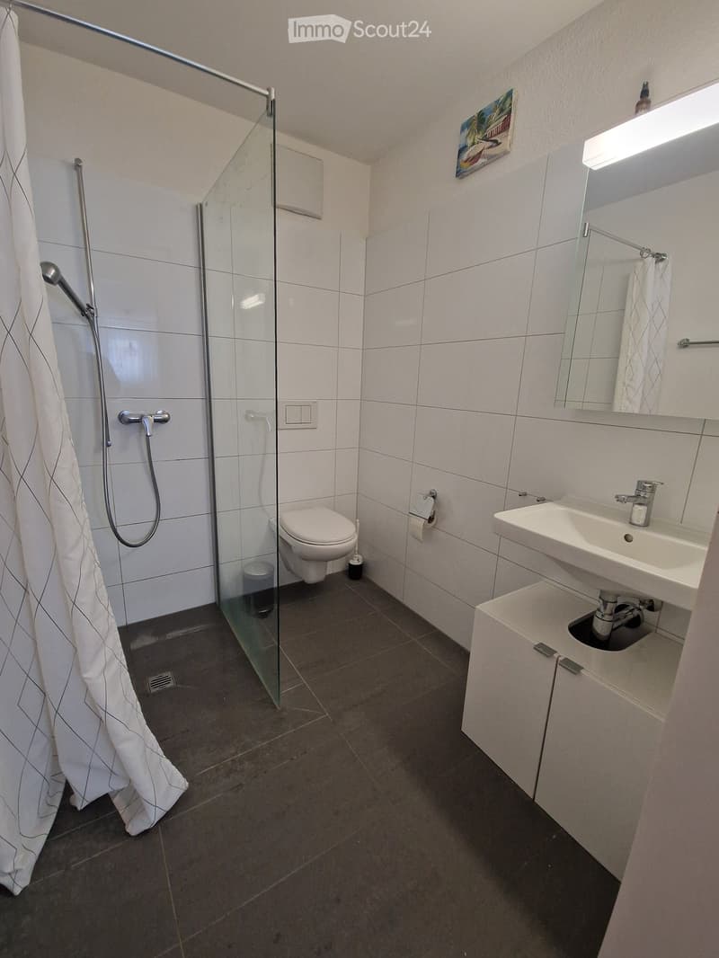 Modern bathroom with white tiles, a glass-enclosed shower, a toilet, a sink with a mirror, and a shower curtain.
