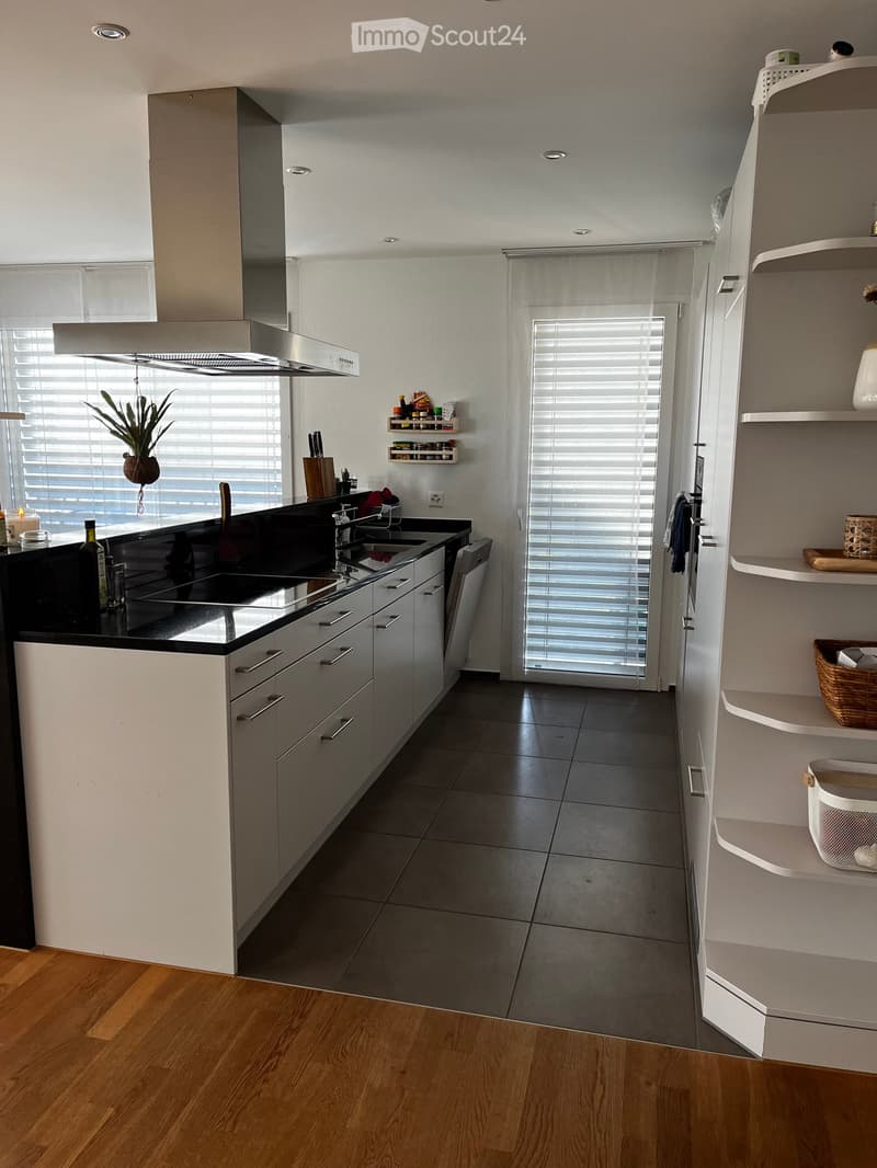 Modern kitchen with white cabinets, black countertops, stainless steel appliances, and built-in shelving. Features a sink, faucet, and a small plant on the counter.