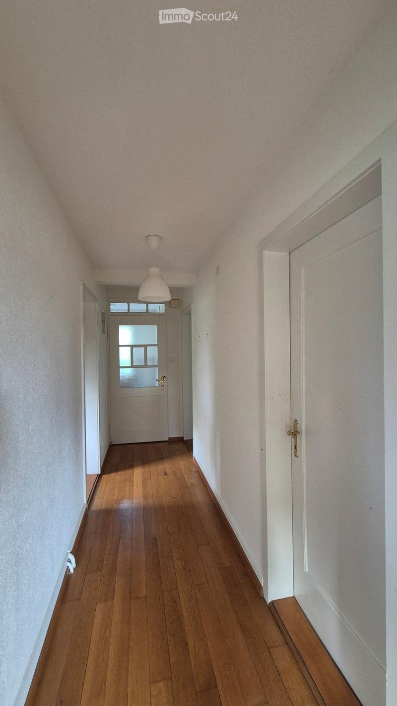 A long, narrow hallway with wooden flooring, white walls, and a single hanging light fixture. Doors are visible on both sides, leading to other rooms.
