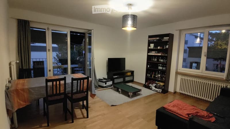 A well-lit living room with wooden flooring, a sofa, a dining table with chairs, a television, a bookshelf, and a lamp hanging from the ceiling. Large windows and a sliding glass door lead to a balcony.
