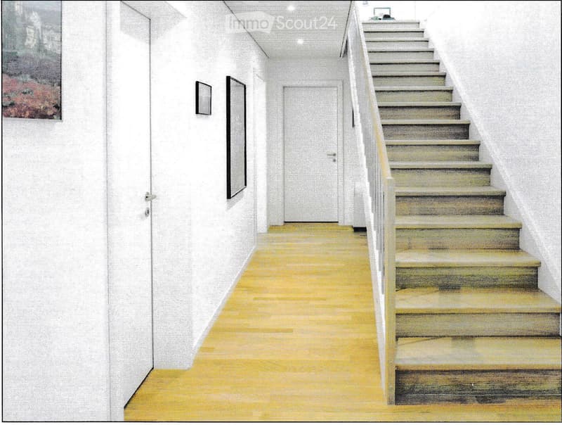 A modern hallway with a wooden floor, white walls, a staircase with a white railing, and a closed door at the end.