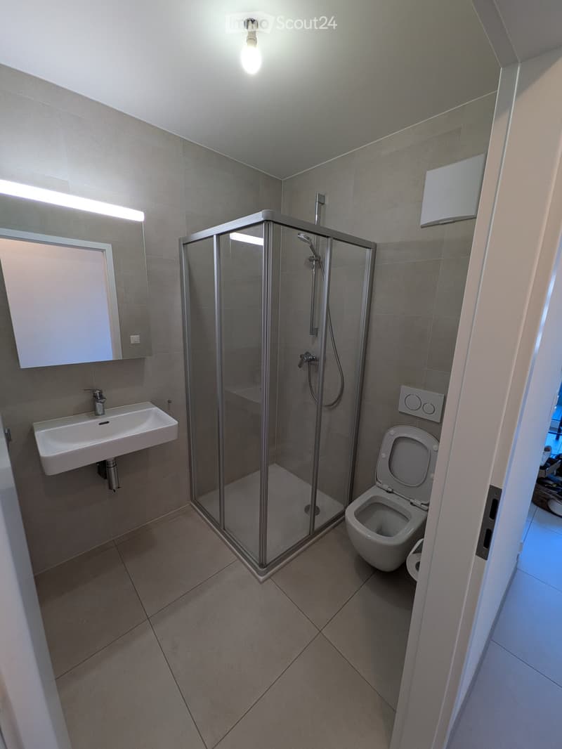 Modern bathroom with a glass-enclosed shower, white sink, toilet, and a mirror cabinet above the sink. The walls and floor are tiled in neutral tones.