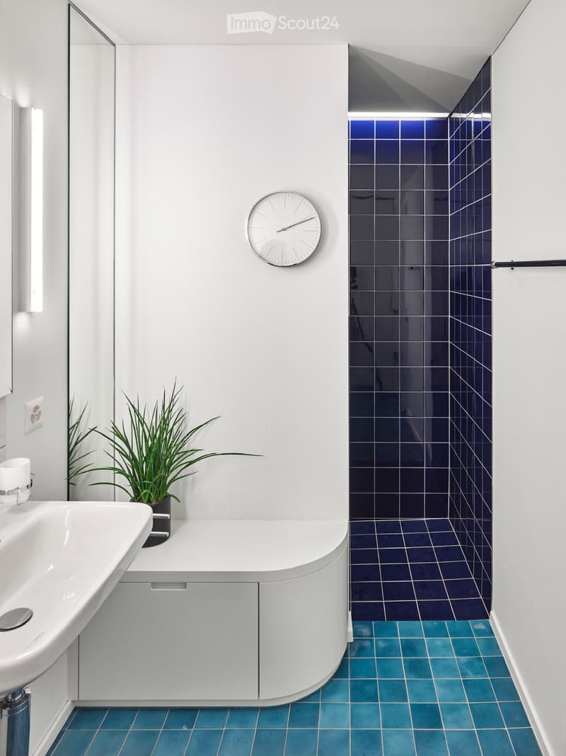Modern bathroom with white walls, blue tiles, a sink, a cabinet, a clock, and a potted plant.
