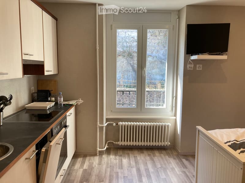 A compact studio apartment with a bed, kitchen area, and TV. The kitchen features a counter, oven, and fridge, while the living area includes a bed and a mounted TV. Natural light streams in through a large window with a view of a balcony.