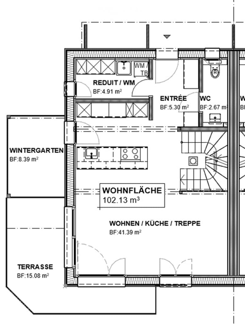 Floor plan showing a living area, kitchen, staircase, winter garden, terrace, entrance, WC, and a small bedroom.
