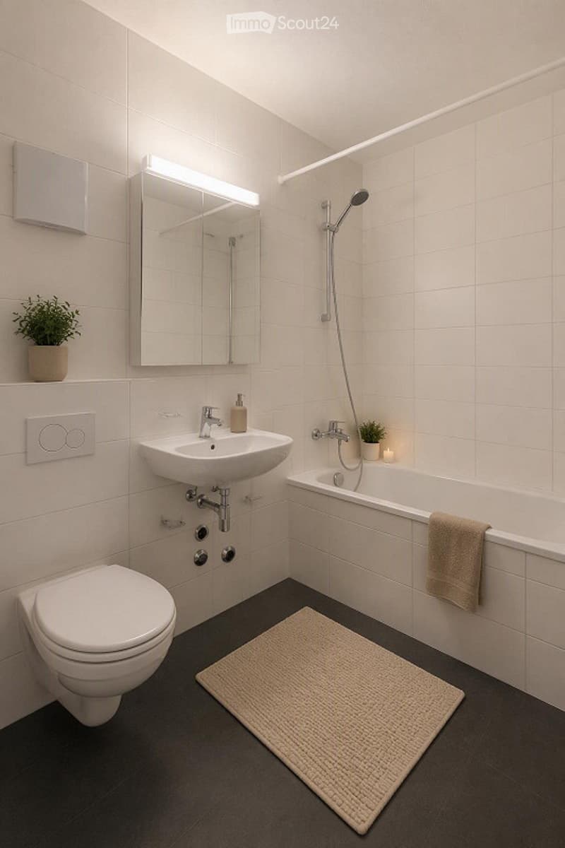 Modern bathroom with white tiles, a sink, toilet, bathtub, mirror, towel, small plant, and a soap dispenser.