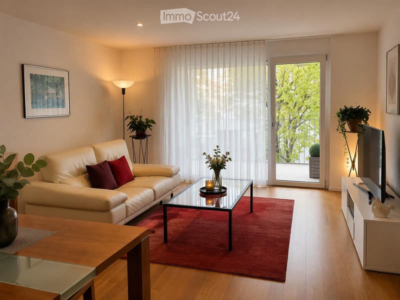 Modern living room with a white leather sofa, red throw pillows, a glass coffee table, a floor lamp, a television, side tables, and decorative vases.