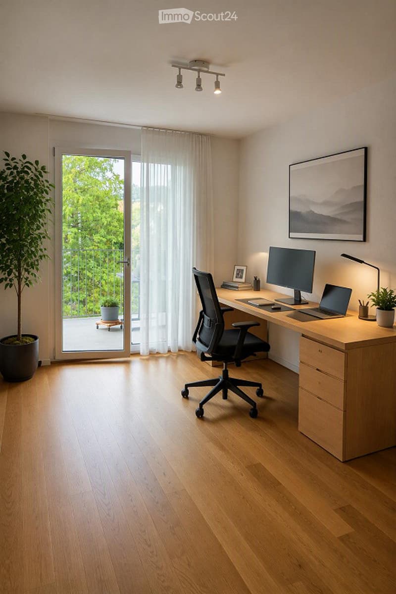 Modern, minimalist office space with a wooden floor, large window with sheer curtains, and a balcony view. Features a sleek desk with a laptop, monitor, and office chair.