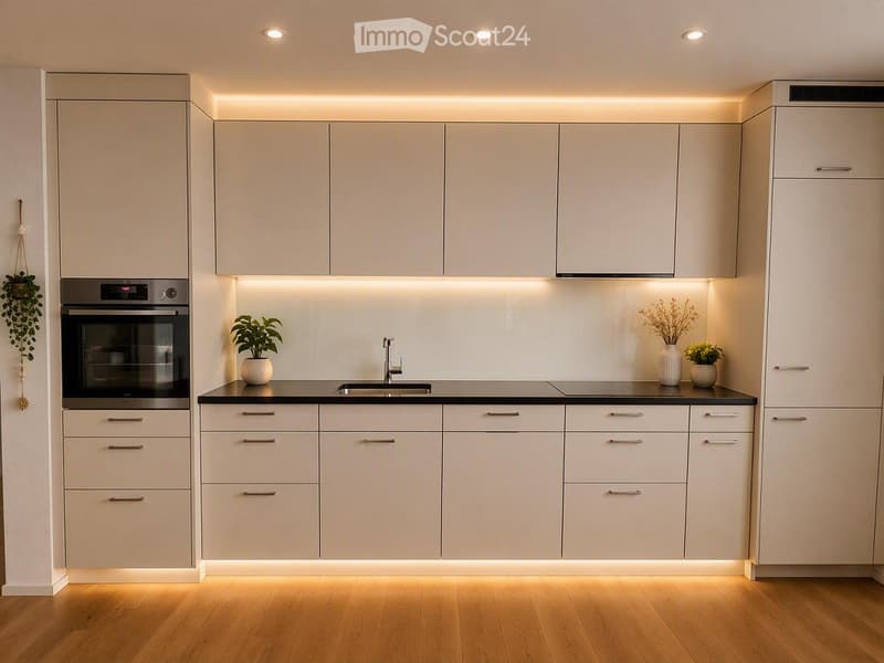 Modern kitchen with white cabinets, black countertop, built-in oven, and recessed lighting.