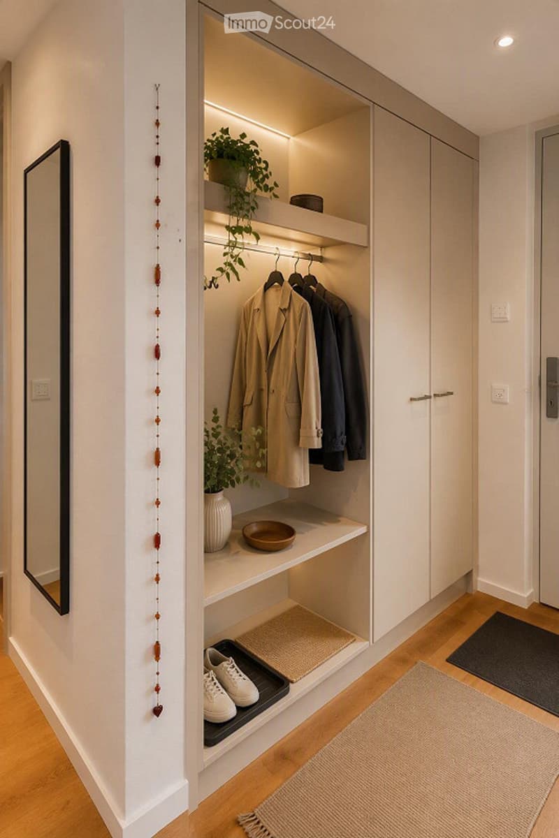 Modern hallway with built-in closet featuring hanging space, shelves, and decorative items including plants and a mirror on the wall.