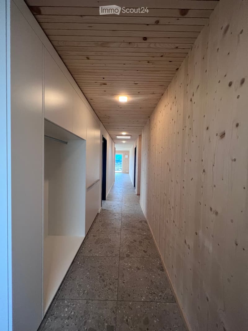A modern hallway with wooden panel walls and ceiling, concrete tiled floor, recessed lighting, and several doors leading to other rooms.