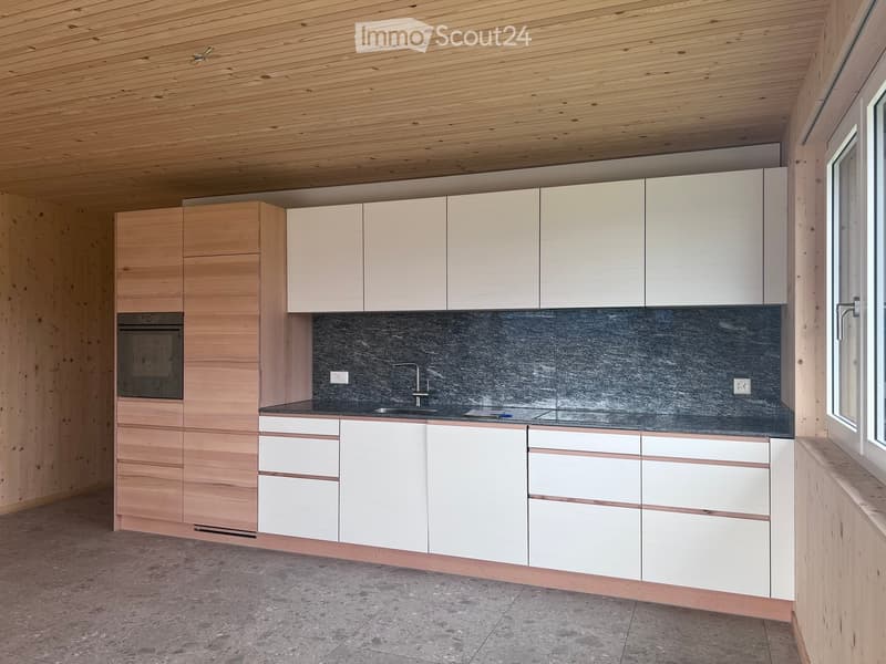 Modern kitchen with light wood and white cabinets, dark countertop, and built-in oven.