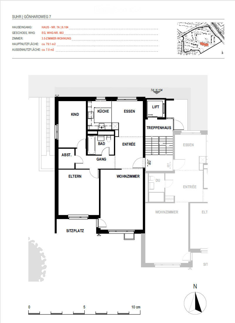 Floor plan of a 3.5-room apartment with living room, kitchen, dining area, bedroom, bathroom, and hallway.