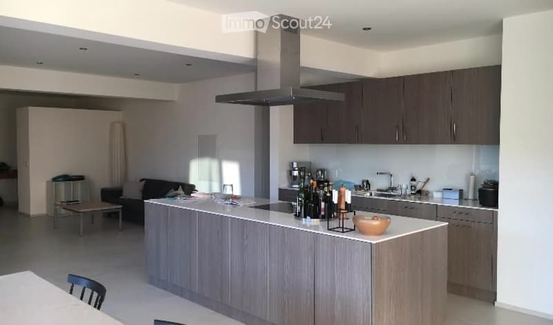 Modern kitchen with a central island, dark wood cabinets, stainless steel appliances, and a range hood. The space includes a sink, coffee maker, and various kitchen items on the island.