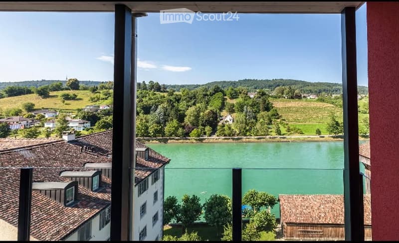 Panoramic view from a balcony overlooking a river, with surrounding greenery and houses visible.