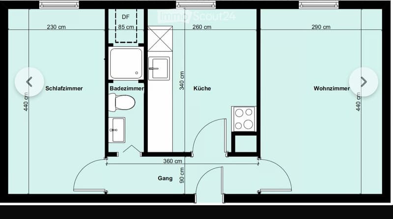 Floor plan of a compact apartment featuring a bedroom, bathroom, kitchen, and living room connected by a hallway.