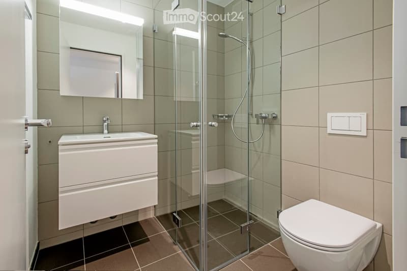 Modern bathroom with a white sink, mirror, toilet, and glass-enclosed shower. Light-colored tiles and sleek fixtures.