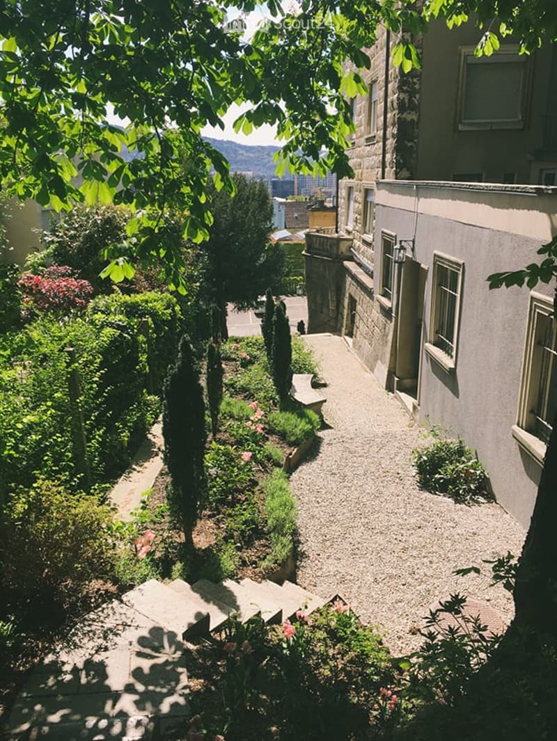 A narrow, landscaped garden path lined with gravel, small steps, and various plants and trees, leading to a building entrance.