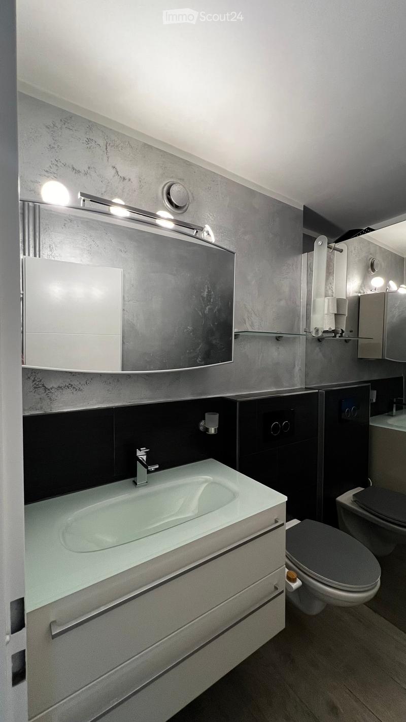 Modern bathroom with a sleek sink, mirror, and toilet. Features include a built-in cabinet, modern lighting, and a stylish faucet.