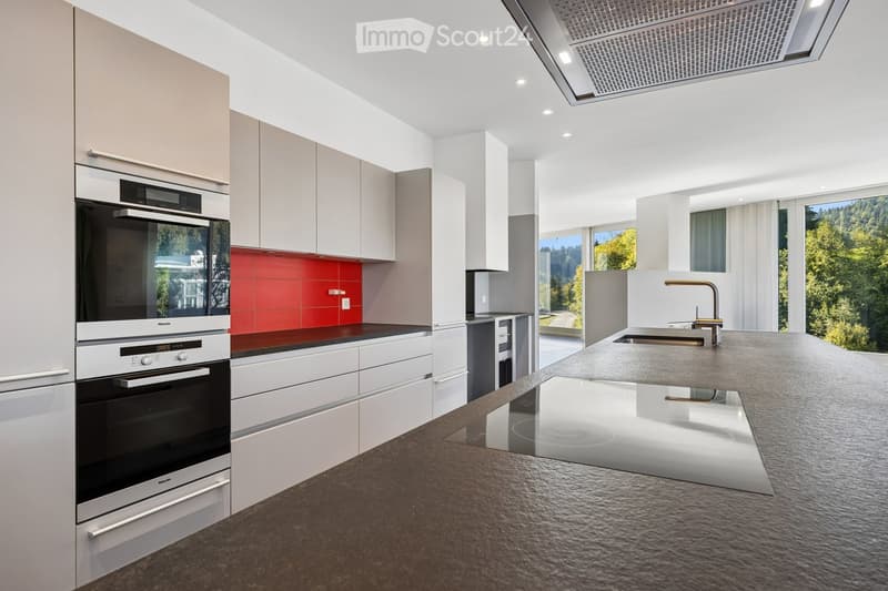 Modern kitchen with white cabinets, stainless steel appliances, a red backsplash, and a large island with a sink and faucet.
